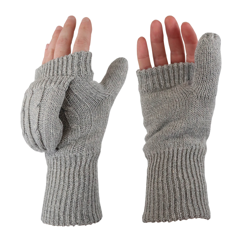 Heat Holders Ladies Light Grey Cable Knit Ash Convertible Mittens