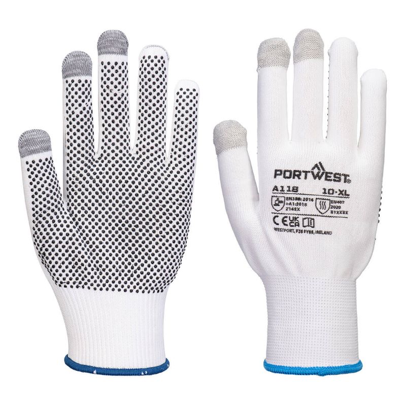 Portwest A118 White/Grey Touchscreen PVC-Dotted Palm-Grip Gloves (12 Pairs)