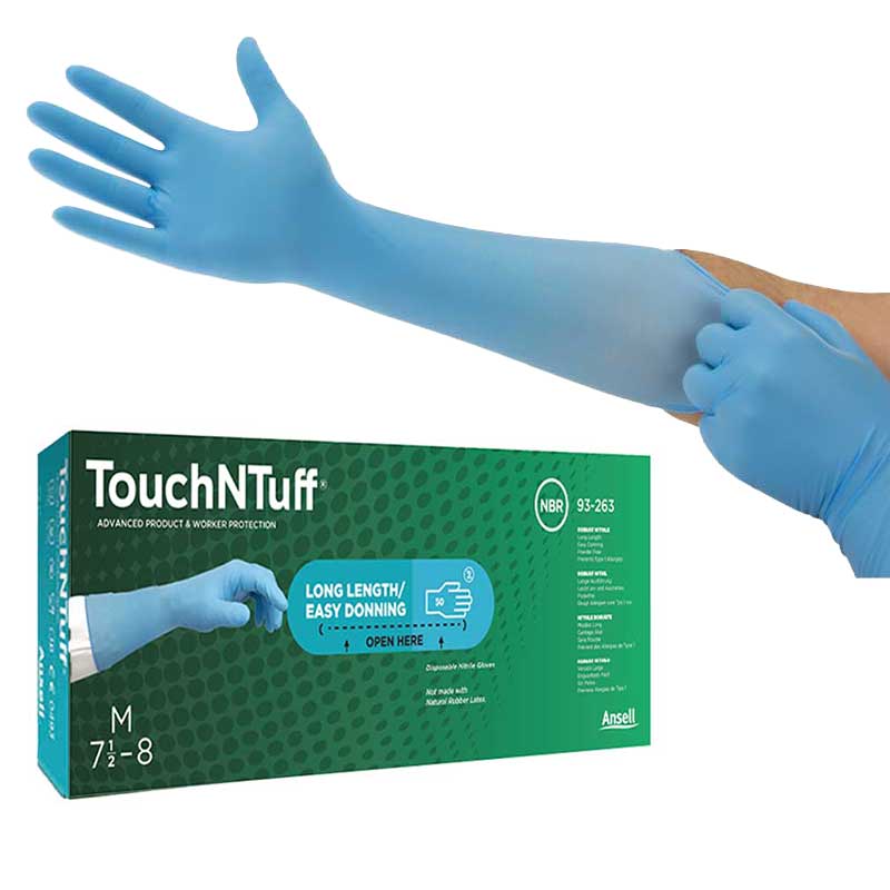 Ansell TouchNTuff 93-263 Disposable Long Nitrile Chemical Gloves