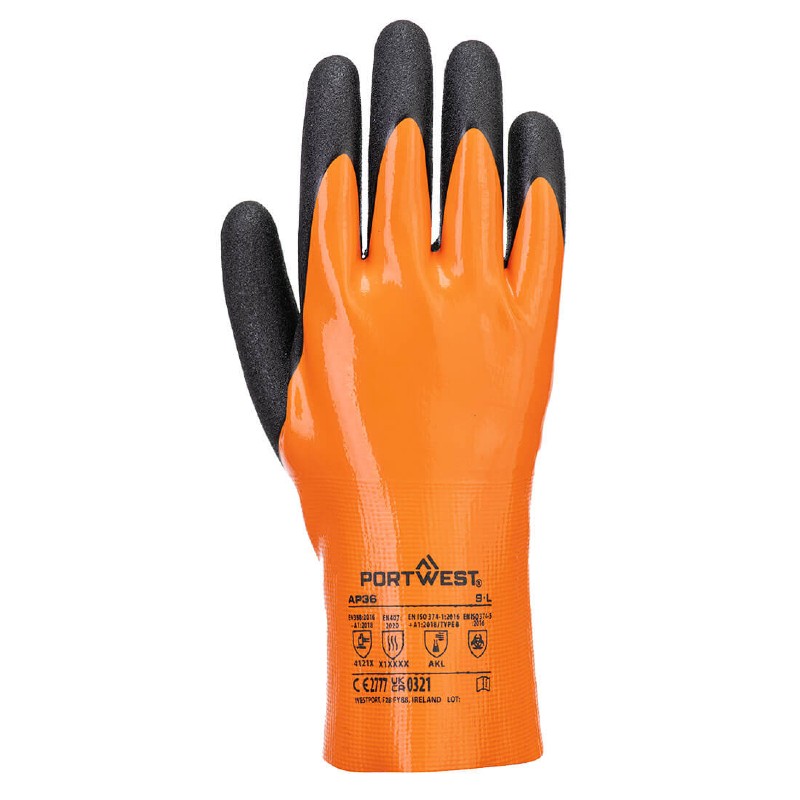 Portwest AP36 Grip 15 Double-Dipped Chemical-Resistant Nitrile Gauntlet (Orange/Black)