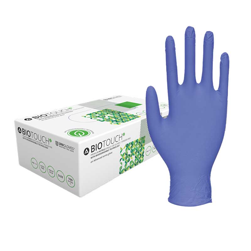 Unigloves Biotouch GM008 Blue Biodegradable Nitrile Disposable Gloves (Box of 100)
