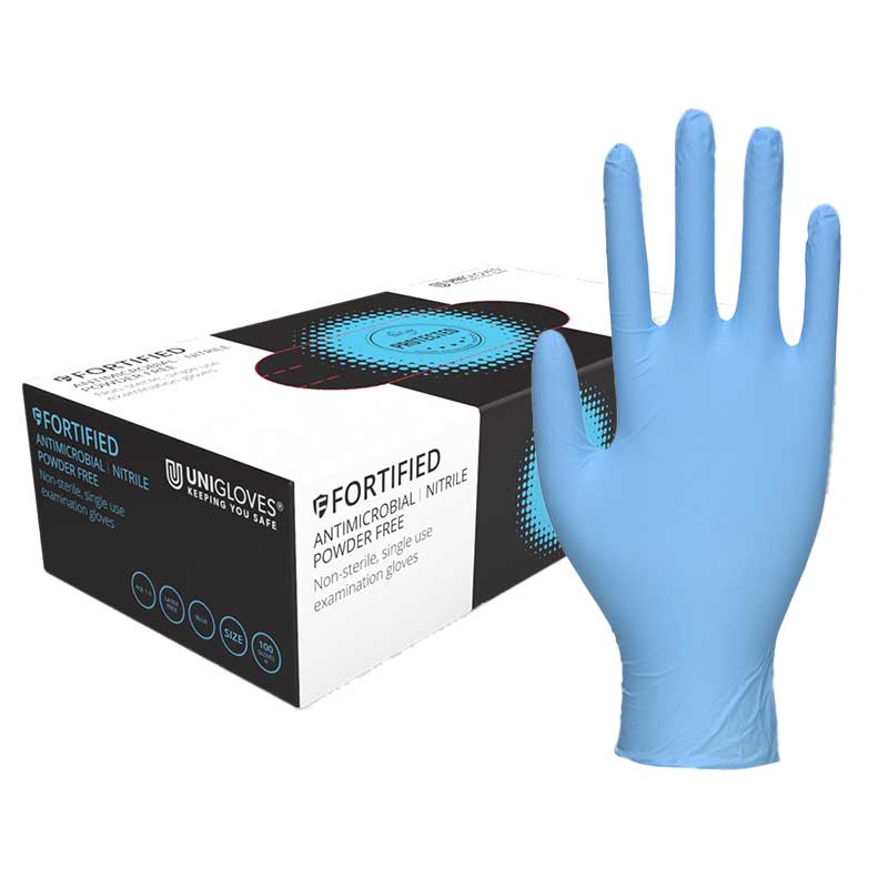 Unigloves GF001 Antimicrobial Blue Nitrile Gloves