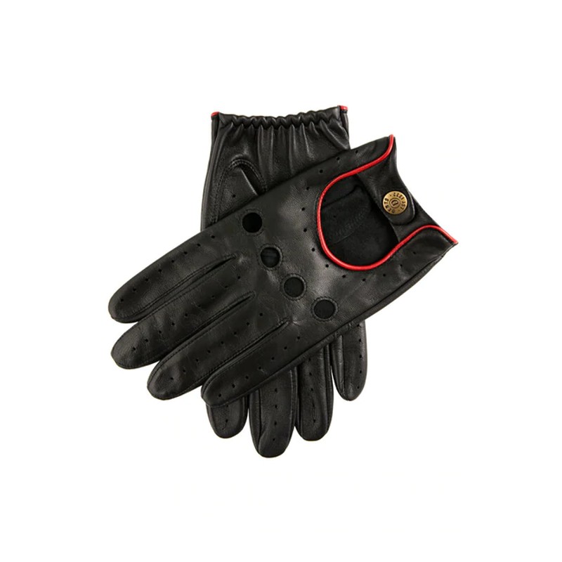 Dents Delta Men's Black with Berry Trim Classic Leather Driving Gloves