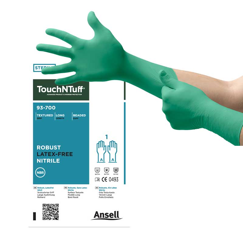 Ansell TouchNTuff 93-700 Green Sterile Disposable Nitrile Gloves (Pack of  10 Pairs)