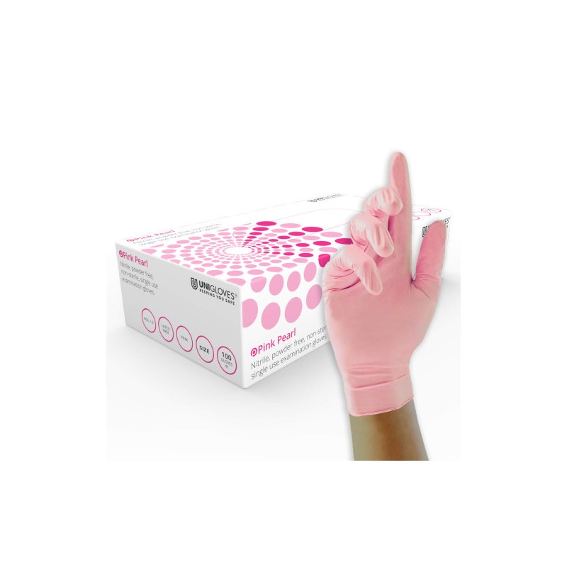 Unigloves Pink Nitrile Examination Gloves Gloves.co.uk