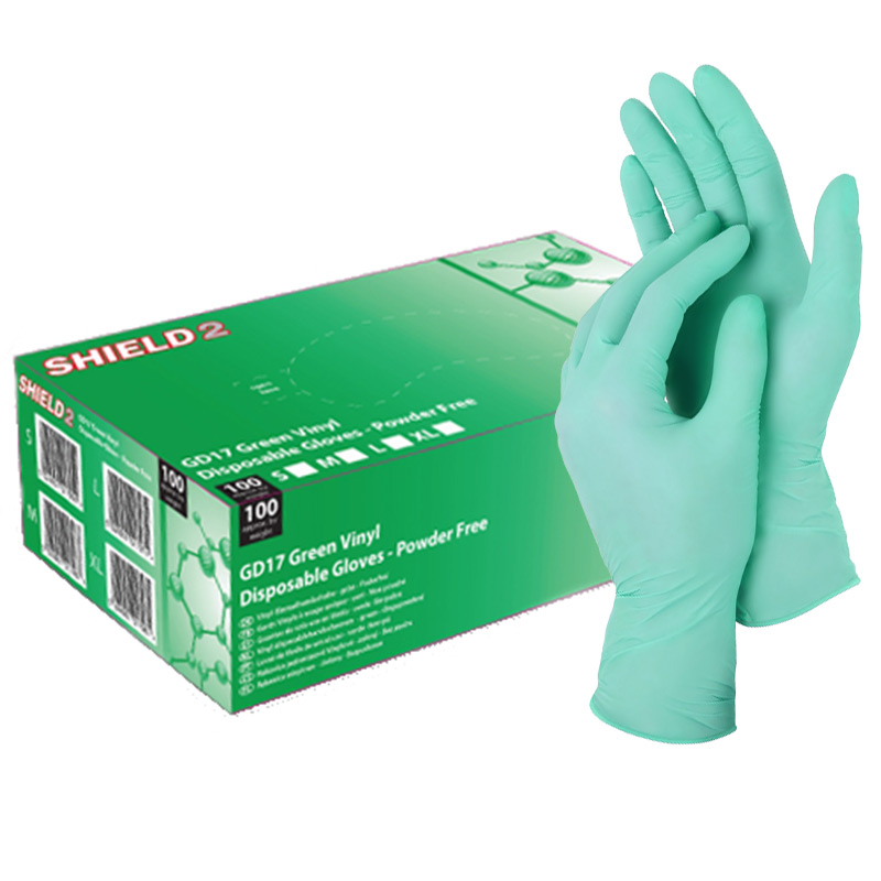 Shield2 GD17 Green Powder-Free Vinyl Disposable Gloves