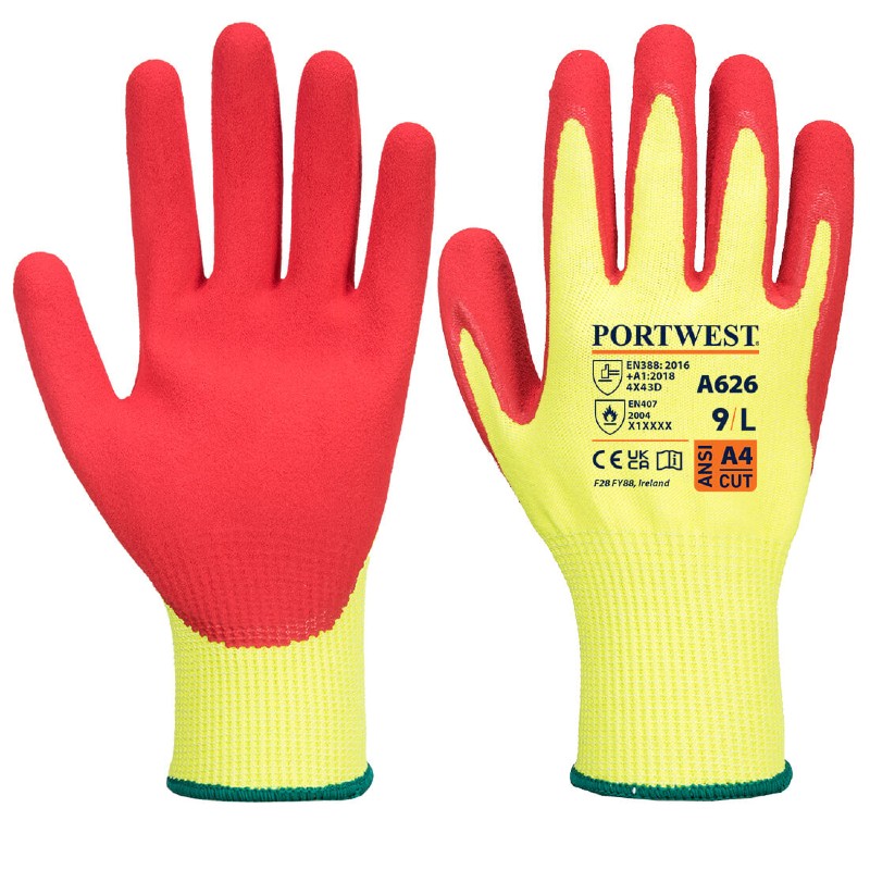 Portwest A626 Nitrile Vis-Tex HR Cut Gloves (Yellow/Red)