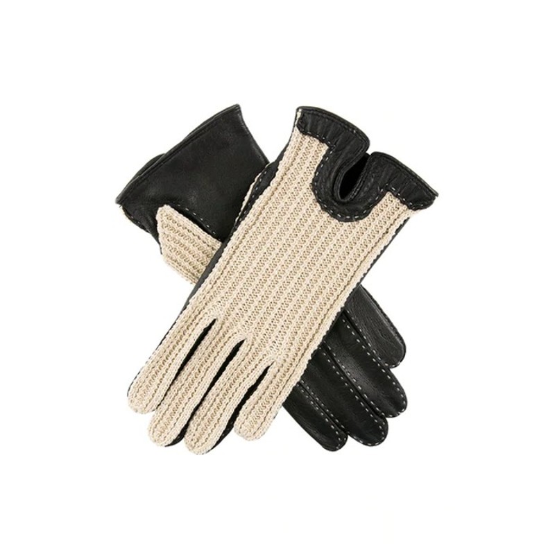 Dents Kelly Women's Black Crochet Back Leather Driving Gloves